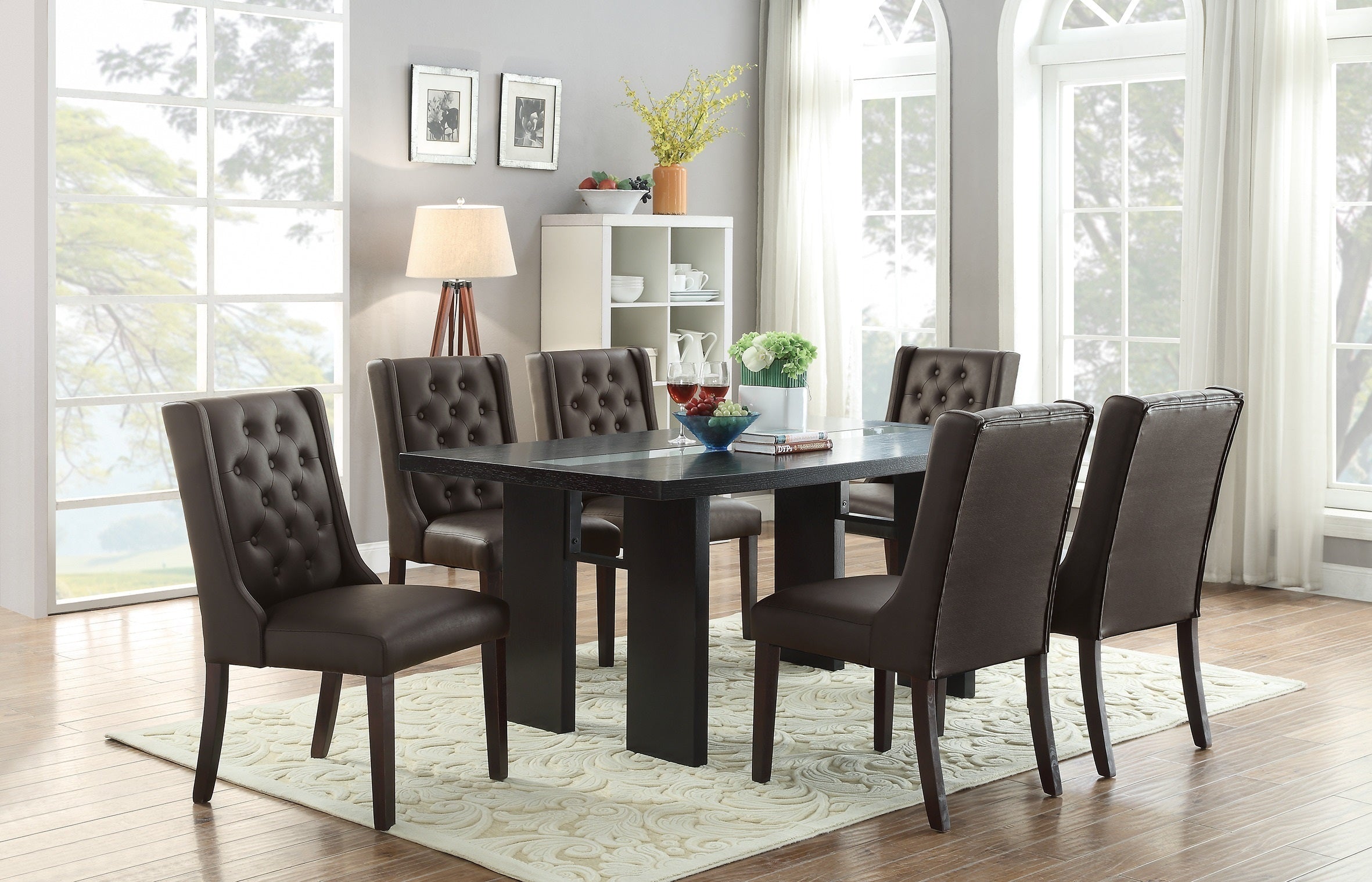 Set of 2 Chairs Modern Faux Leather Espresso Tufted Birch veneer MDF Kitchen Dining Room