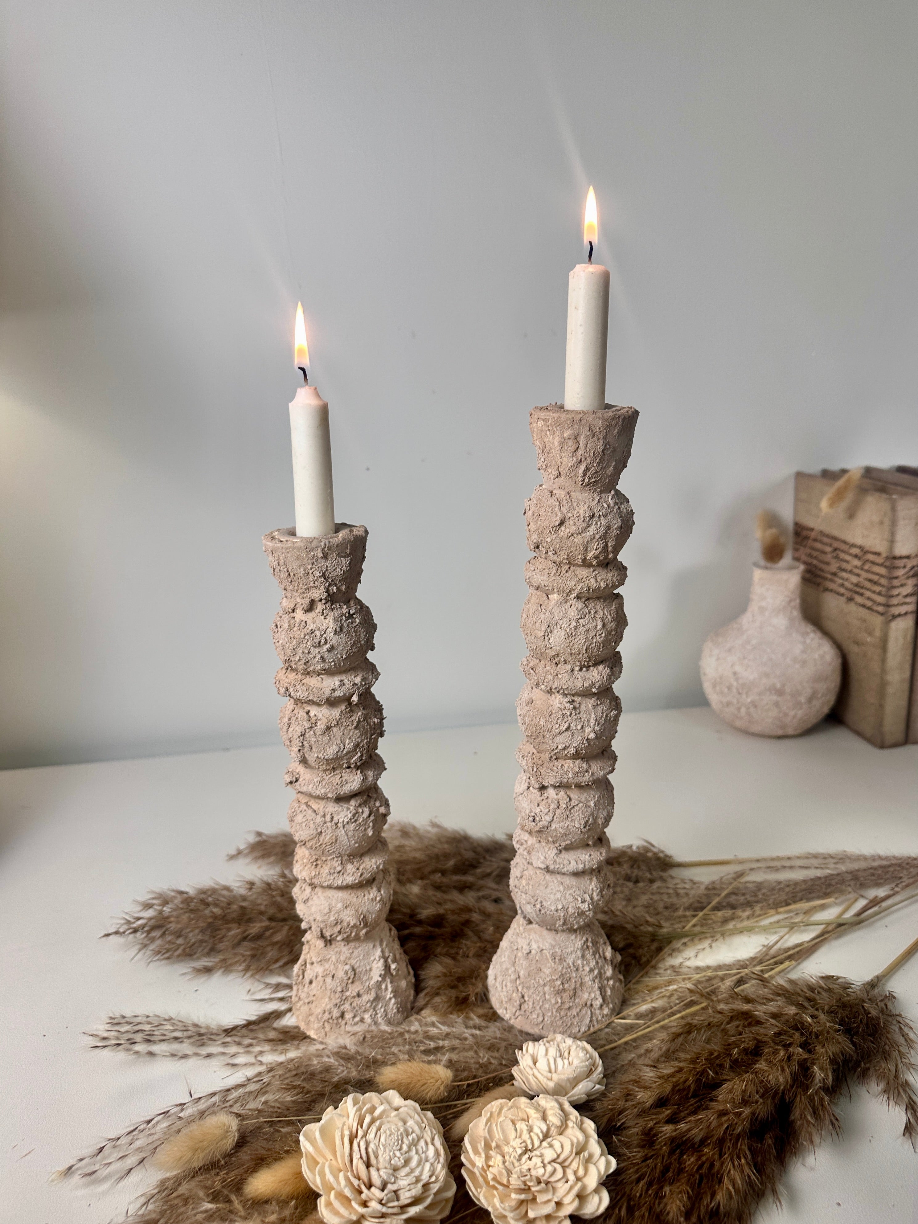 Set of 2 candlestick holders hand-painted and textured minimalist rustic style 12" tall and 10" tall - Tan Beige