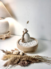 Set of 3 Home Decorative Round Wood Tray, Small Boho Style Vase, White Rocks