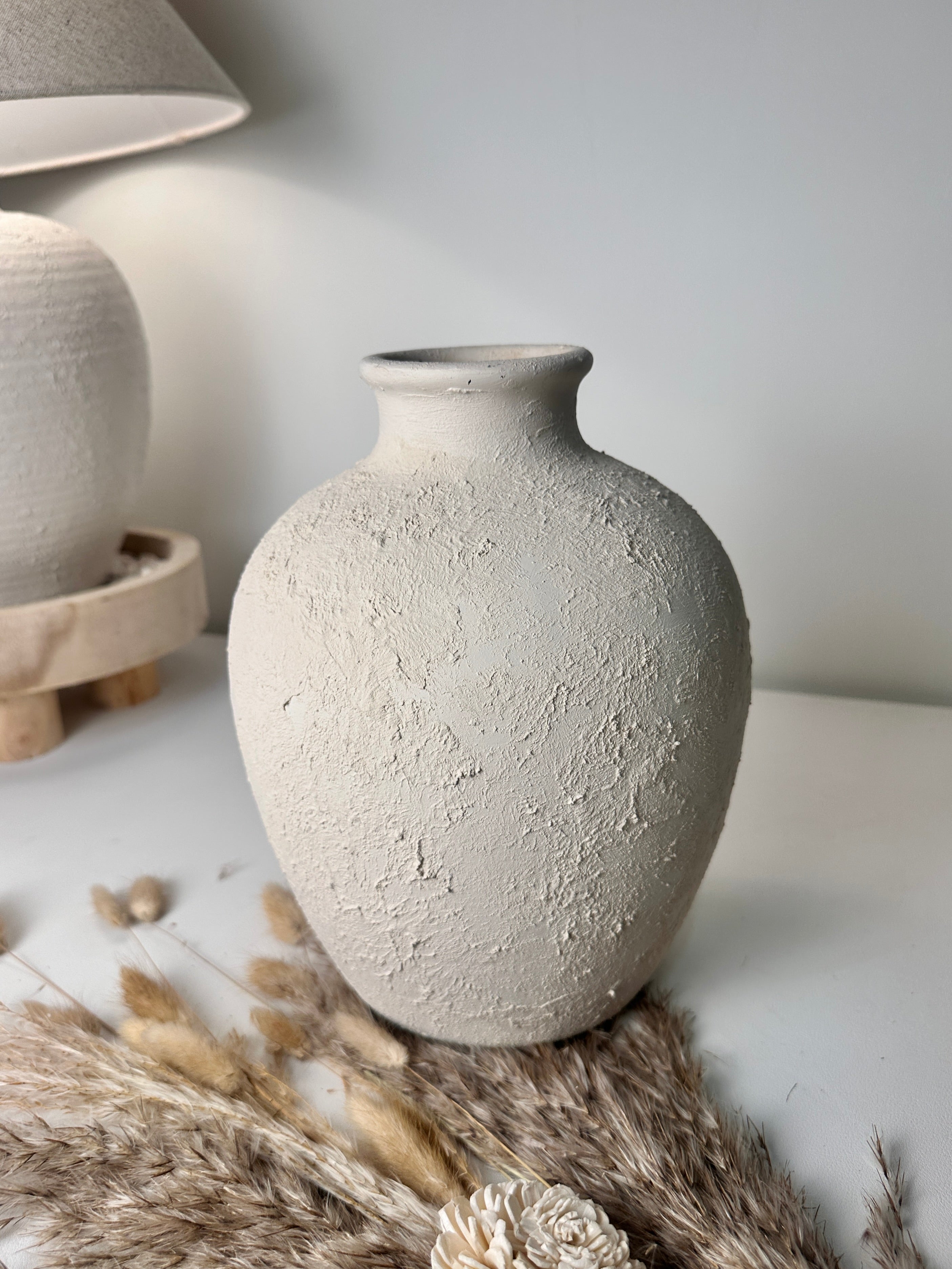 Minimalist Hand-Painted and Textured Ceramic Vase 10” tall - Cream