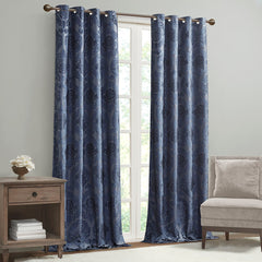 50x84" Knitted Jacquard Paisley Total Blackout Grommet Top Curtain Panel - Navy