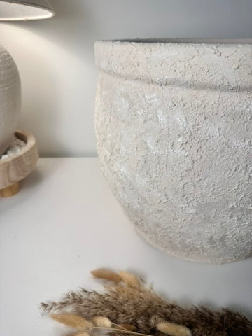 Minimalist Hand-Painted & Textured Planter Pot 12" tall with drainage hole one time creation - Cream wash