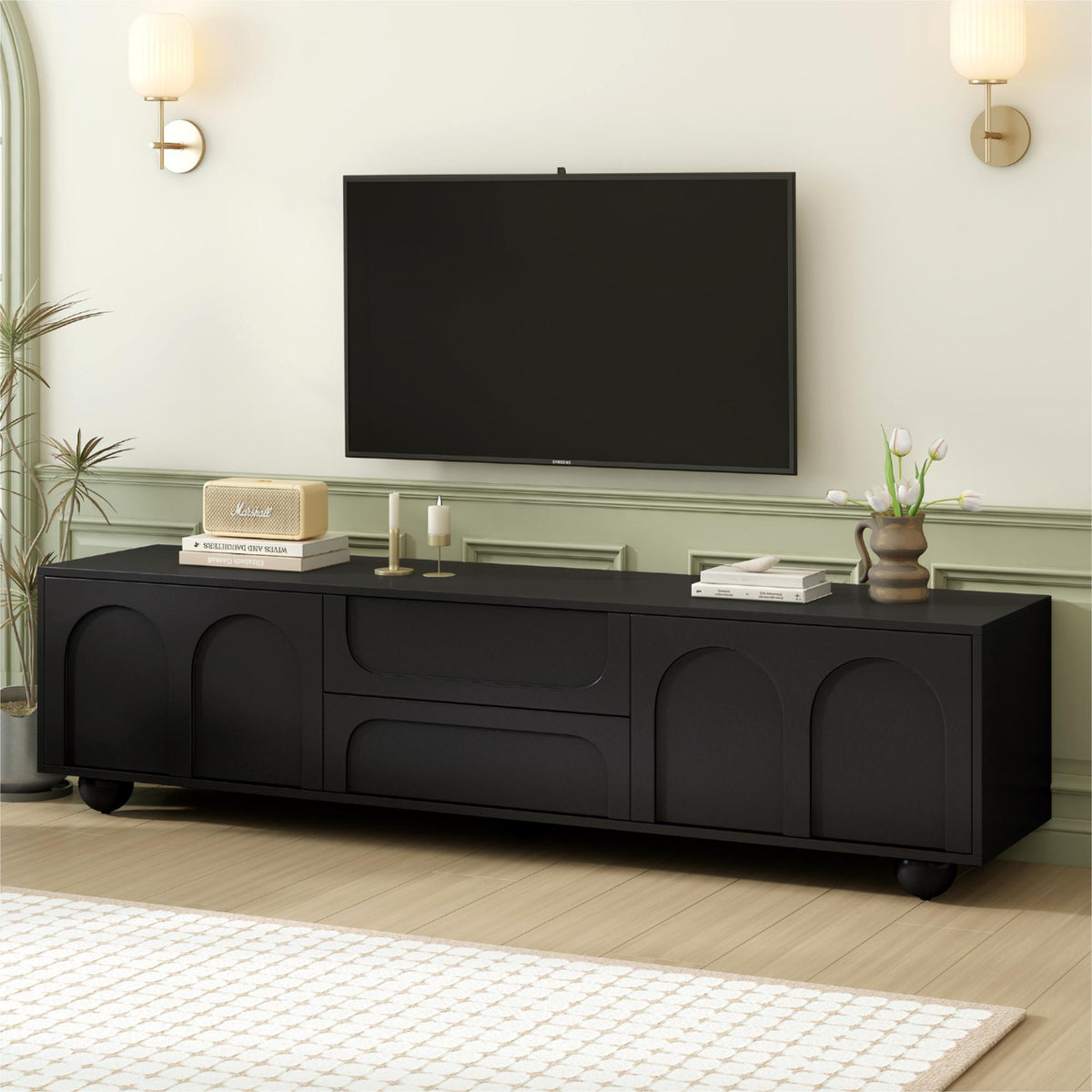 Cream Style TV Stand with Arched Doors & 2 Drawers for TVs up to 75', Minimalist Media Console with Rebound Device, Entertainment Center with 5 Iron Round Legs for Living Room, Bedroom, Black