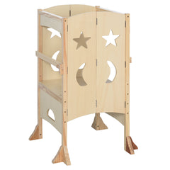 Foldable Toddler Tower for Kids, Helper Step Stool for Kitchen Counter with Support Handles Safety Rail, Natural Wood