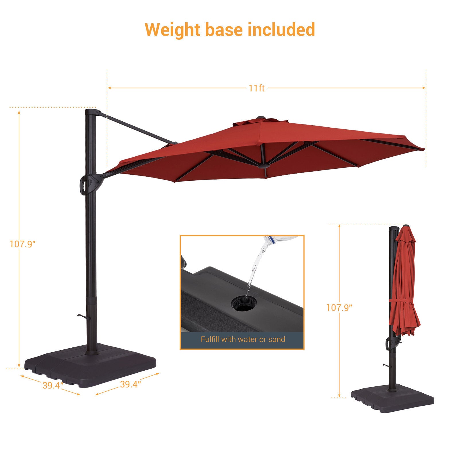 Patio Cantilever Umbrella with Weight Base for Deck, Pool and Backyard - Red