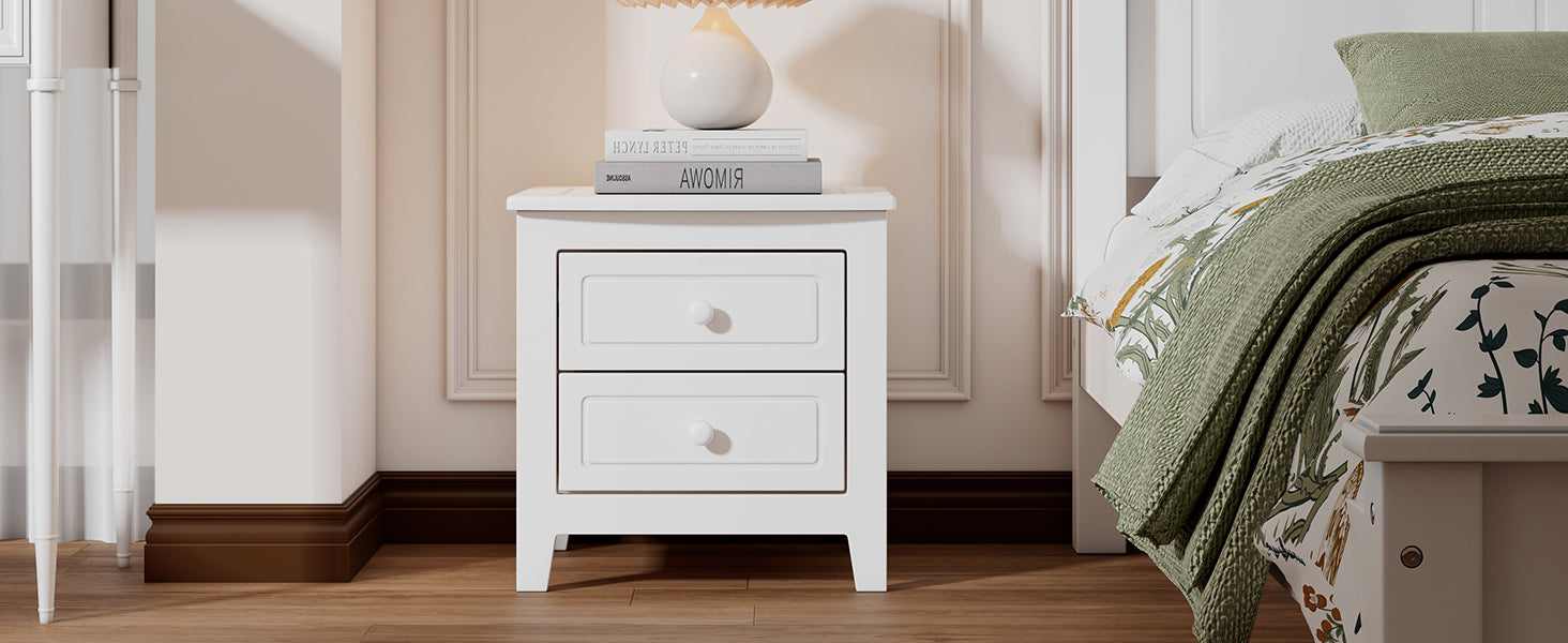 Mid Century Retro Bedside Table with Classic Design 2-Drawer Nightstand - White