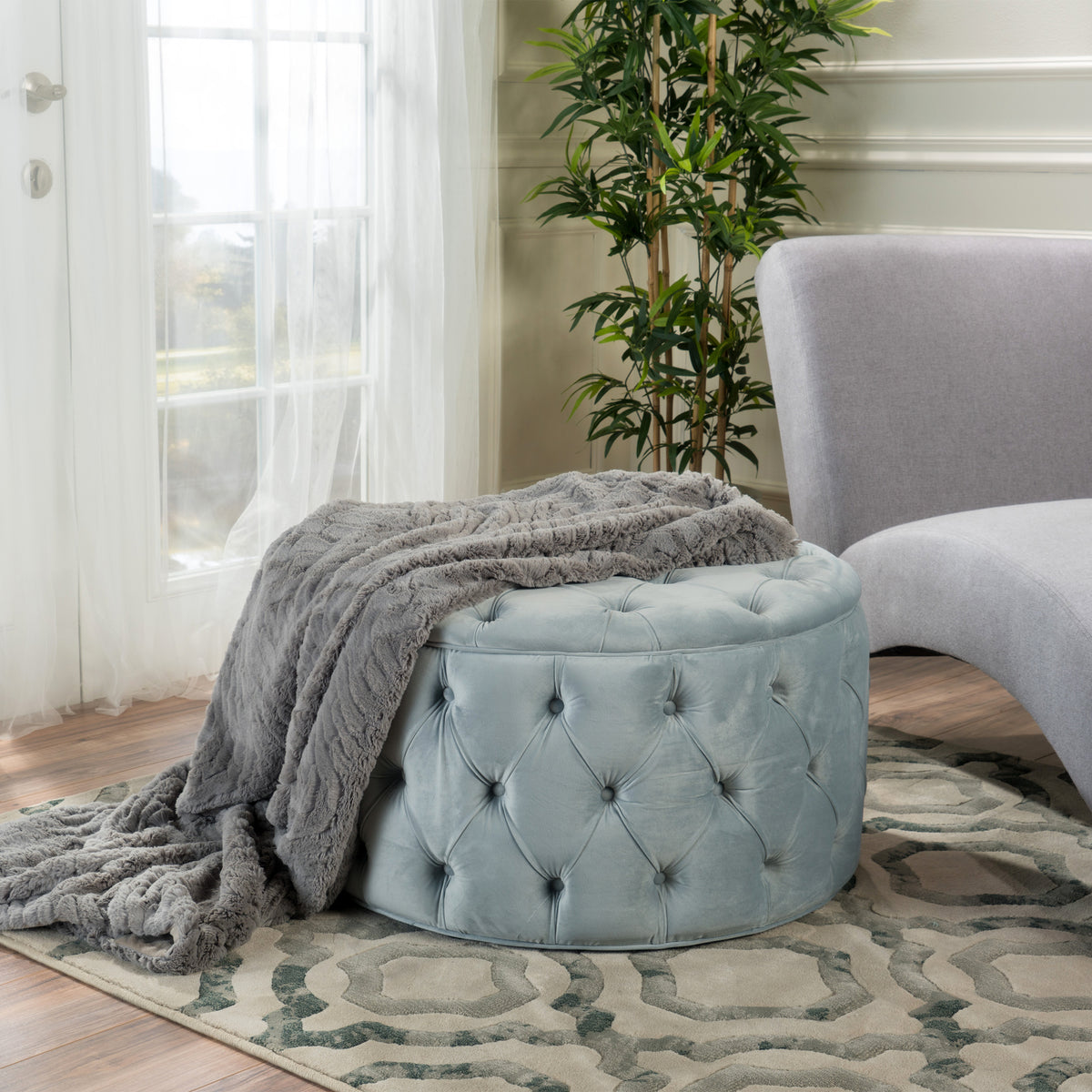 Elegant Light Grey Velvet Ottoman