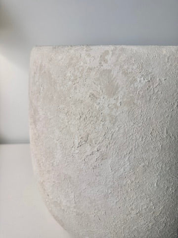 Minimalist Hand-Painted & Textured Planter Pot 12.5" tall with drainage hole one time creation - Cream Linen wash