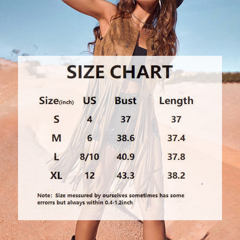 Women's Western Fringe Vest, Boho Style, Brown Suede with Tassels, Round Neck