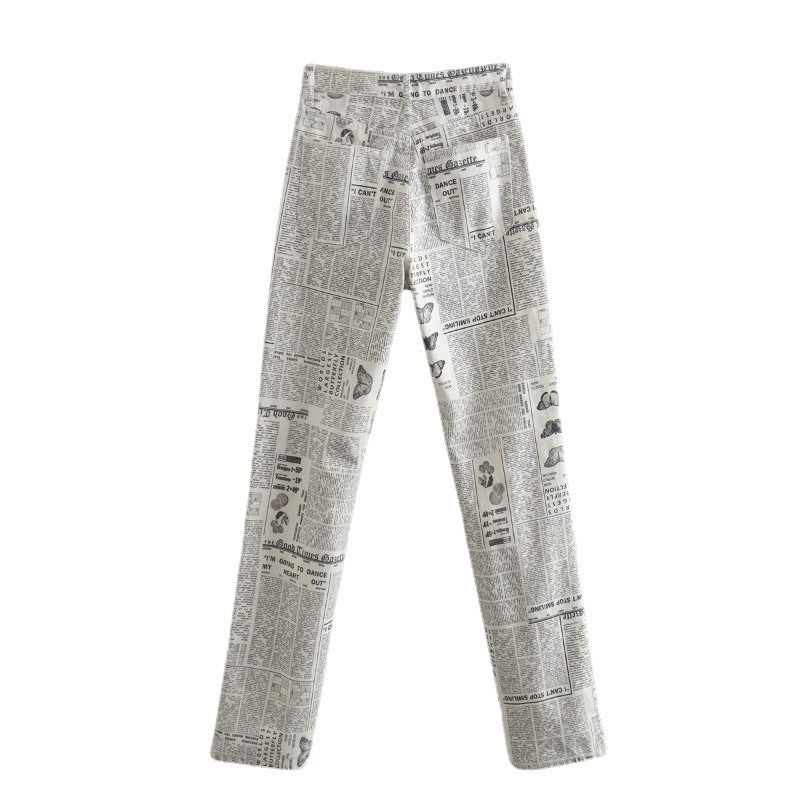 Vintage Newspaper Print Straight Leg Pants, High Waist, Gray and White