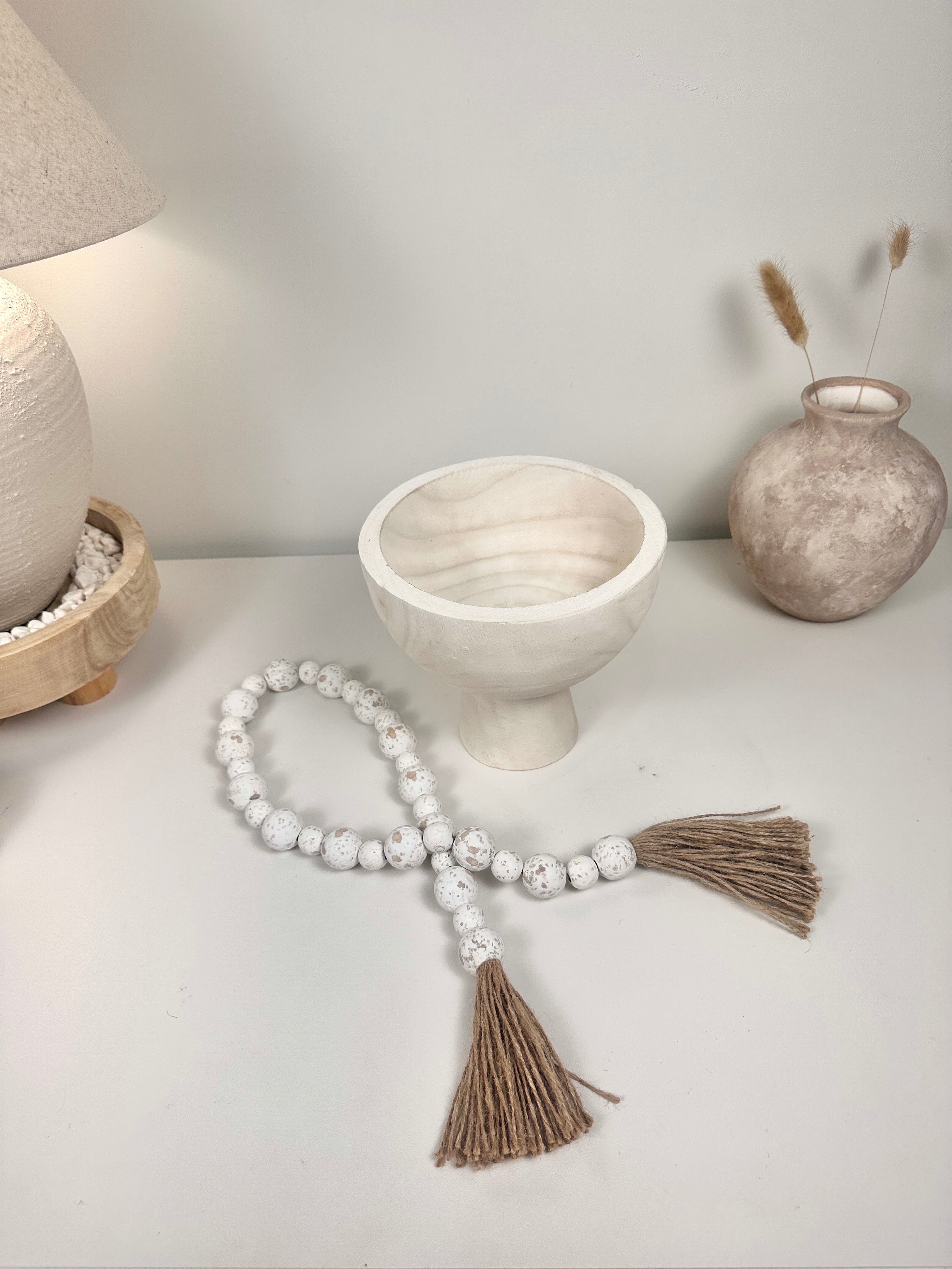 Set of 2 Boho Paulownia Bowl Tray 7"tall Ivory Sand + Wood Bead Garland