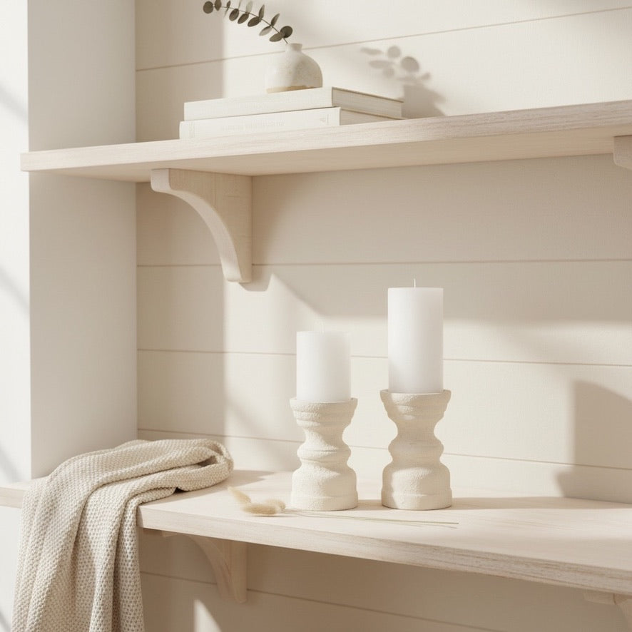 Set of 2 Candle Holders Minimalist Style Hand-Painted and Textured Wood 6" tall each - Cream White