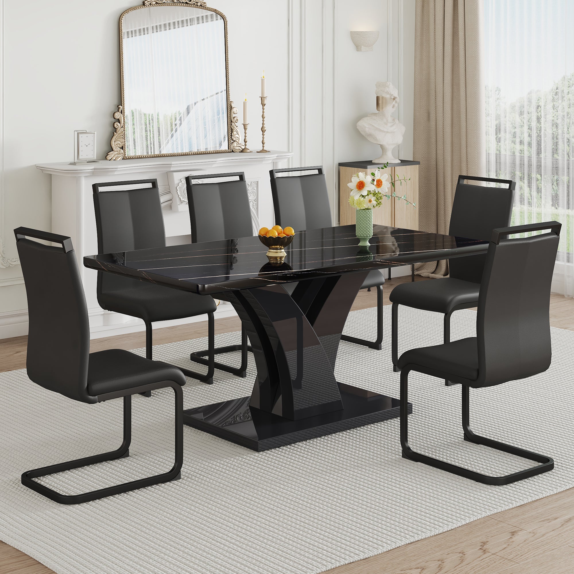 Modern Dining Table, Black Desktop and Black MDF Leg