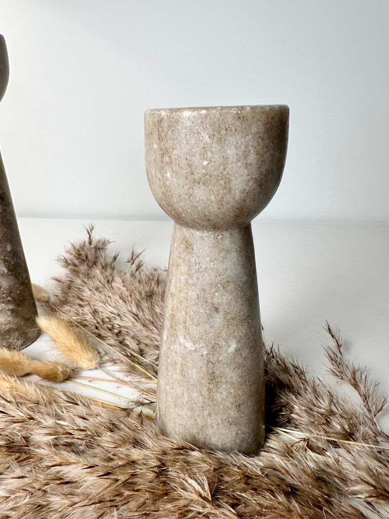 Set of 2 Marble Candle Holders (6x2x2" 8x2x2")  - Beige Brown