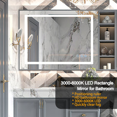 LED Bathroom Mirror, 3000-6000K Gradient Front and Backlit LED Mirror 48x36inch, IP54 Enhanced Anti-Fog