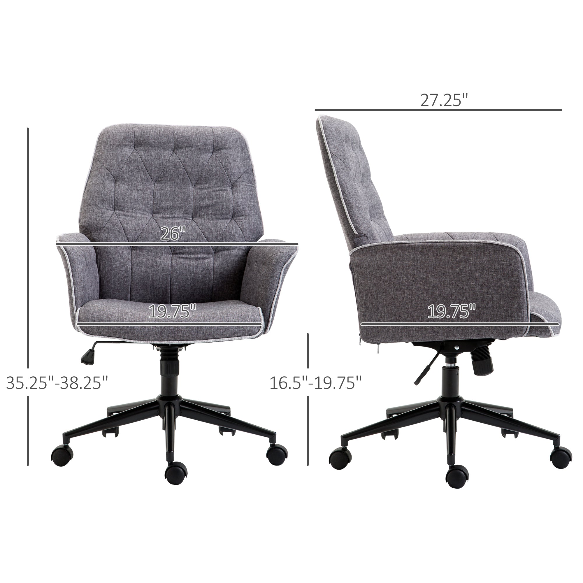 Vinsetto Linen Home Office Chair, Tufted Height Adjustable Computer Desk Chair with Swivel Wheels and Padded Armrests - Dark Gray