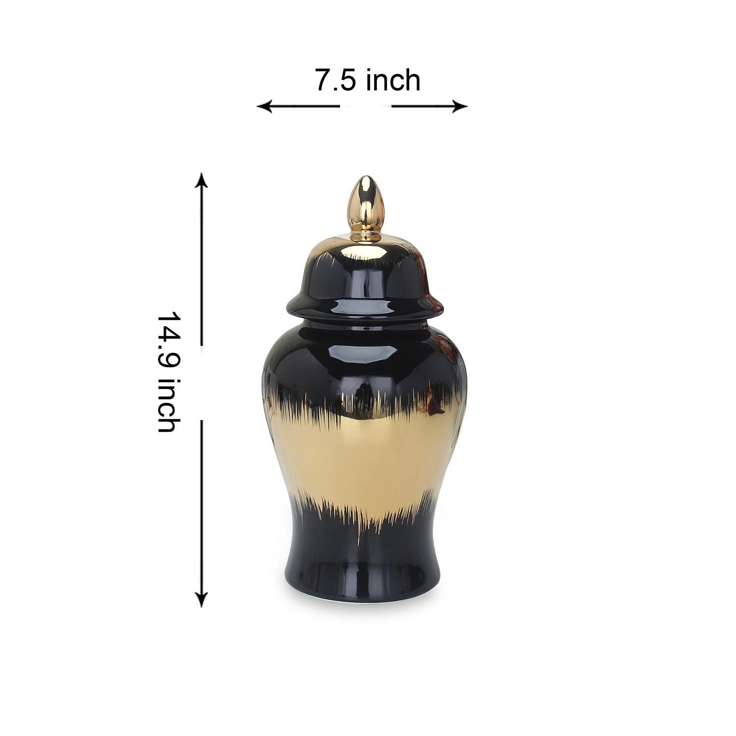 14"H Regal Black Gilded Ginger Jar with Removable Lid