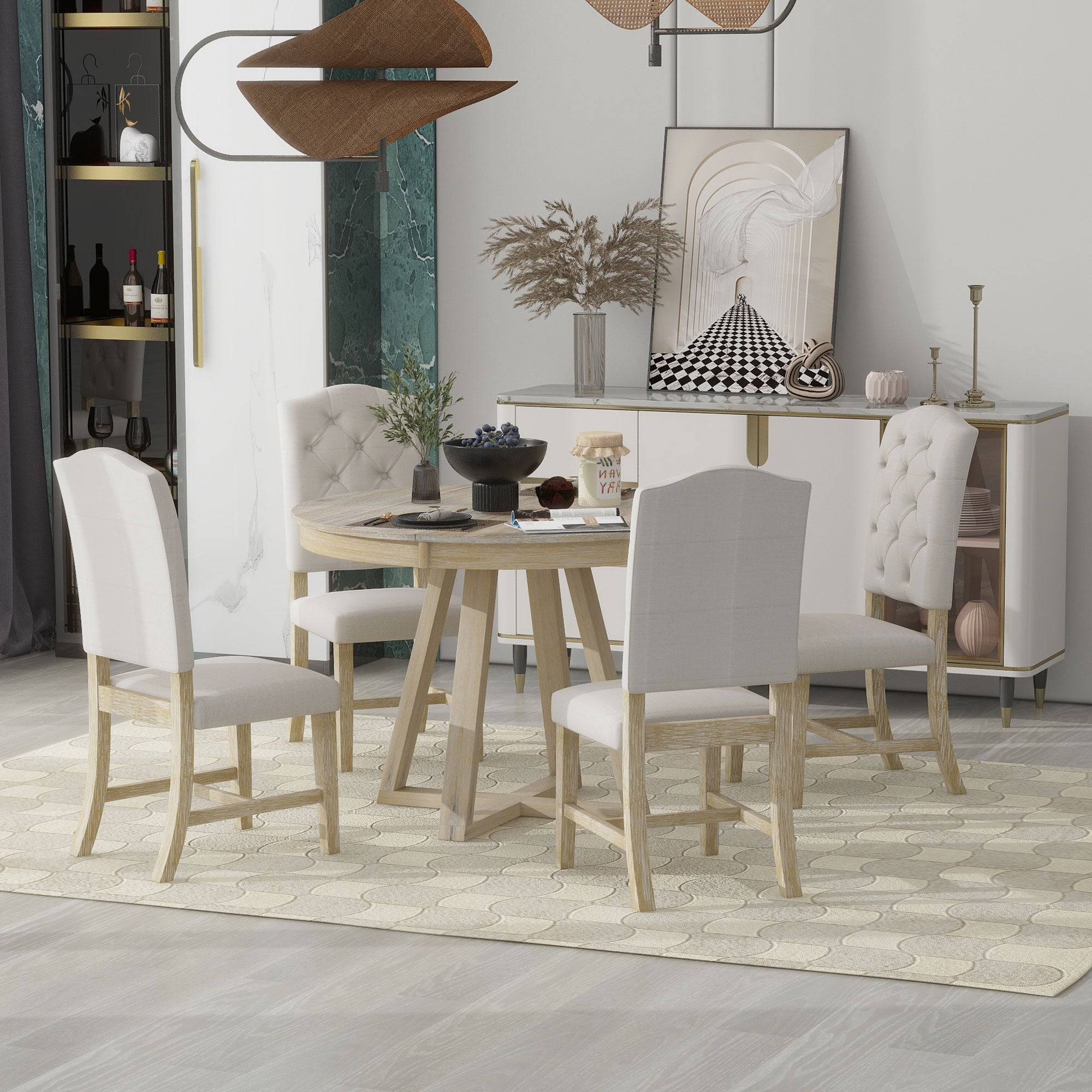 5-Piece Retro Functional Dining Set, Round Table with a 16"W Leaf and 4 Upholstered Chairs - Natural