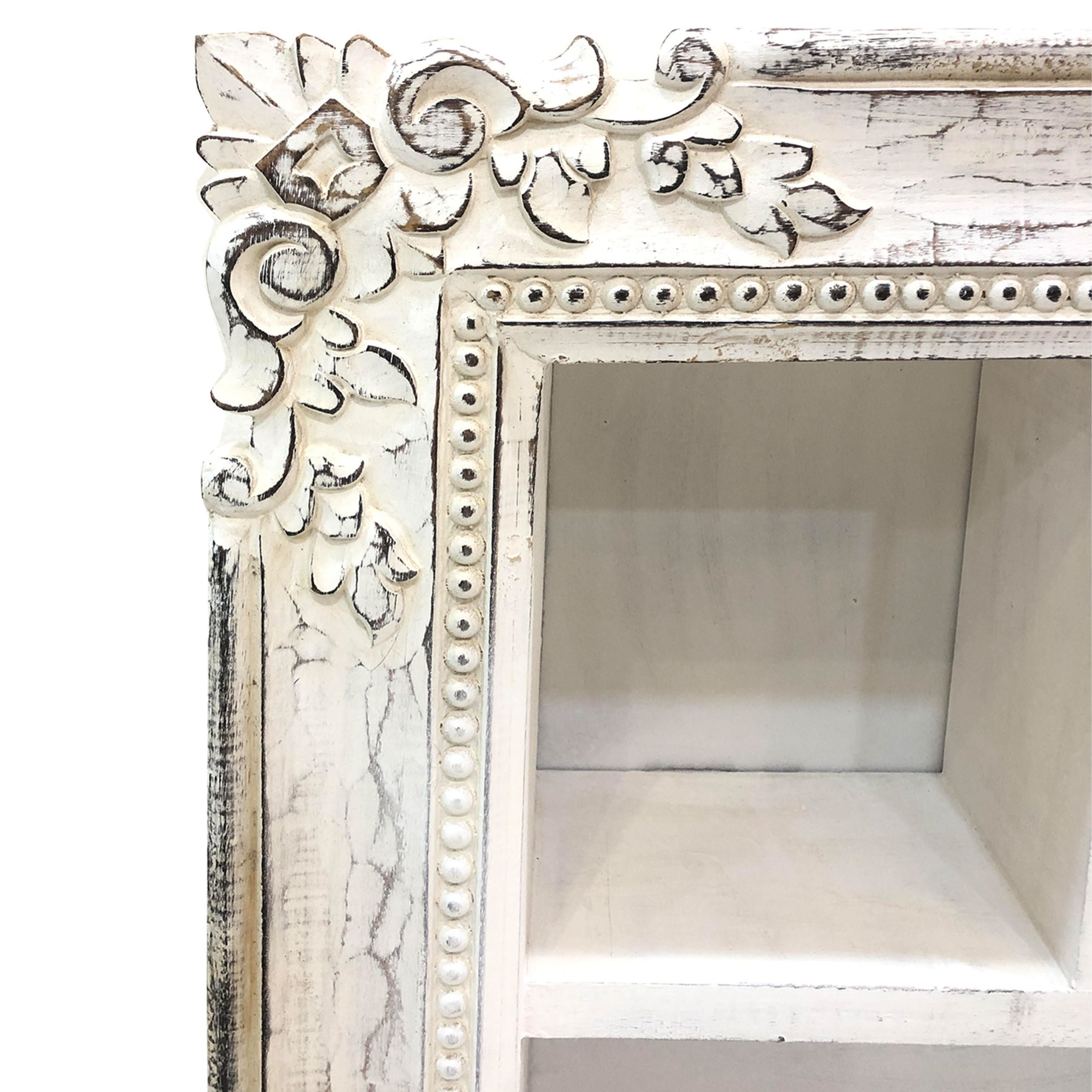 28 Inch Rectangular Wall Mount Mango Wood Shelf, 4 Compartments, Floral Carving, Distressed White
