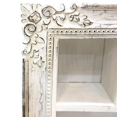 28 Inch Rectangular Wall Mount Mango Wood Shelf, 4 Compartments, Floral Carving, Distressed White