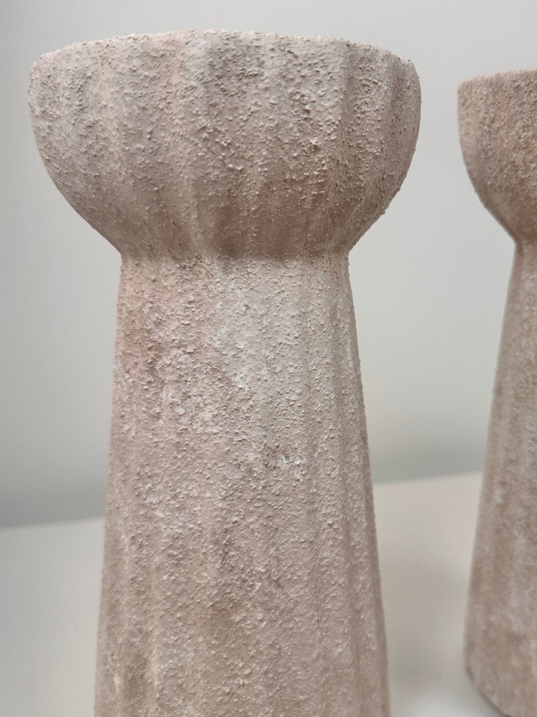 Set of 2 Textured Hand-Painted Candlestick 10" tall - Beige Washed