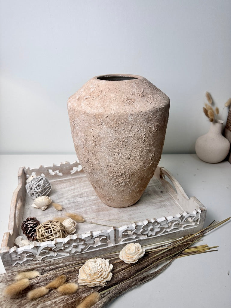 Rustic Minimalist Textured Hand-Painted Ceramic Vase 12" - Light Beige Wash