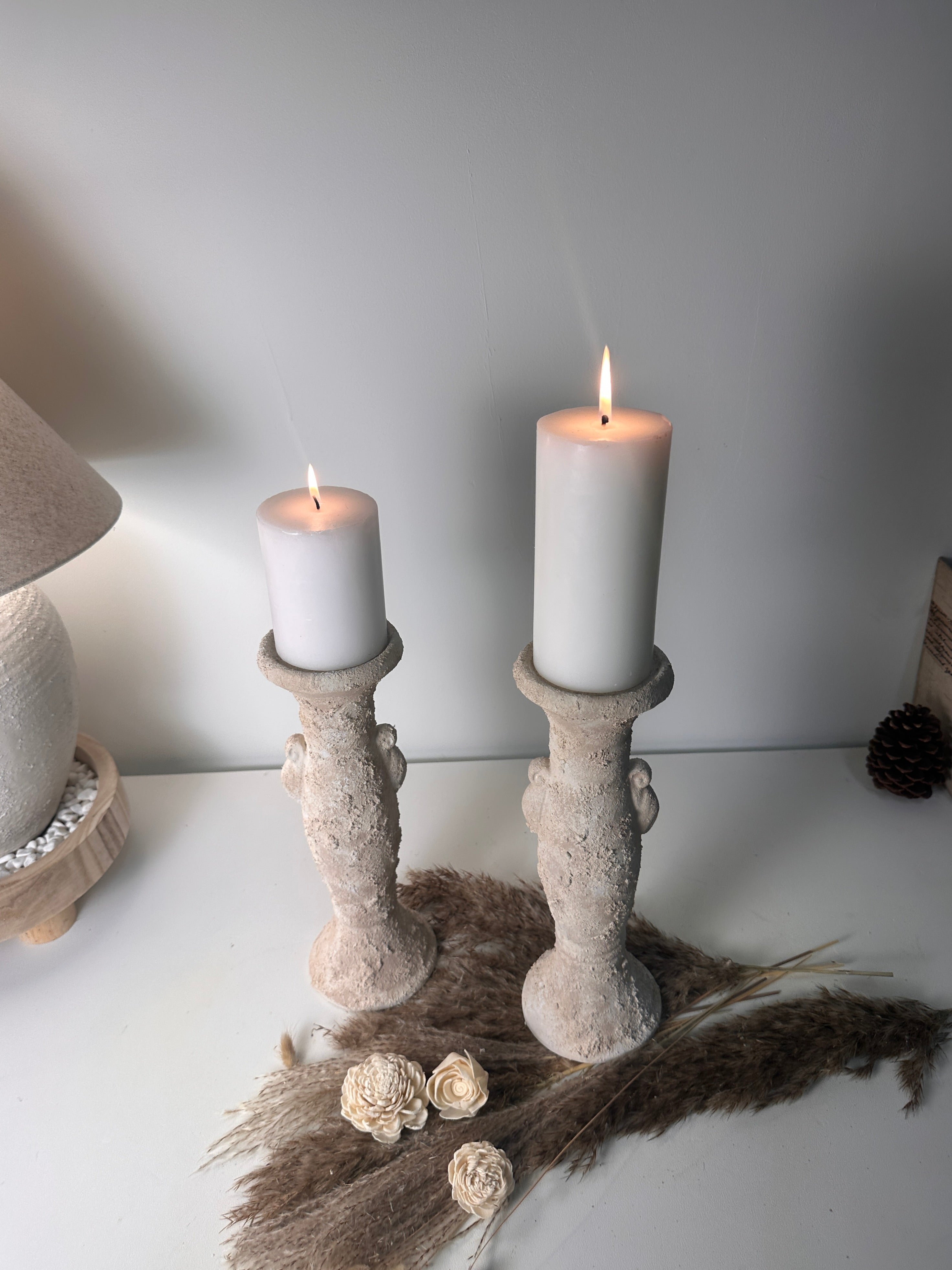 Set of 2 candlestick tray holders hand-painted and textured minimalist roman style 12" tall - Cream Sand wash