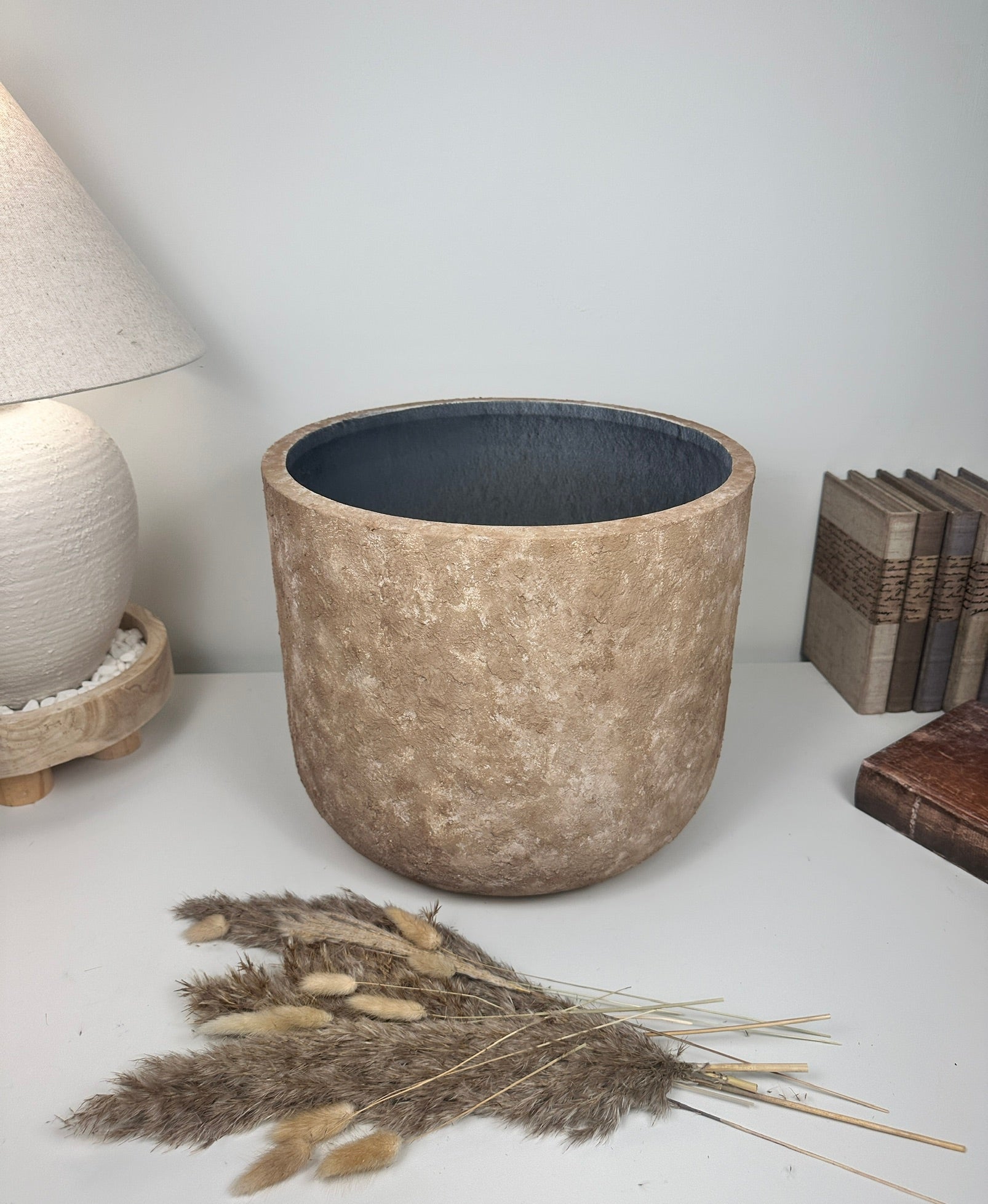 Rustic Hand-Painted & Textured Planter 12" tall with drainage hole one time creation - Brown washed