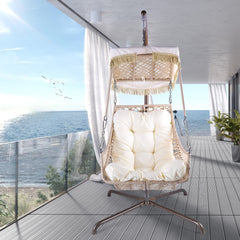 Swing Egg Chair with Stand Indoor Outdoor, UV Resistant Black Cushion with Cup Holder, Wicker Rattan Frame with Sunshade Cloth