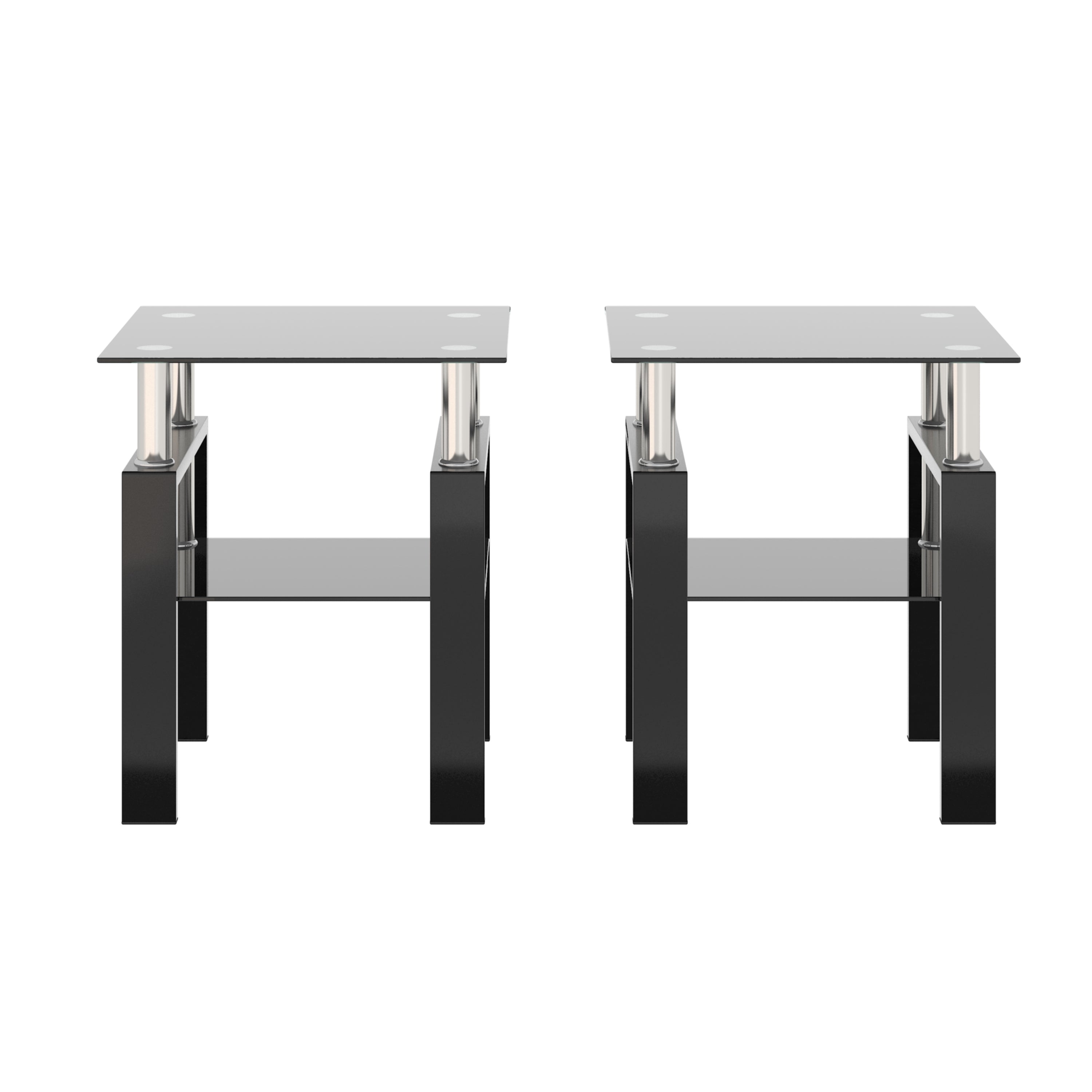 Set of 2 - Modern Tempered Glass Tea End Table - Black