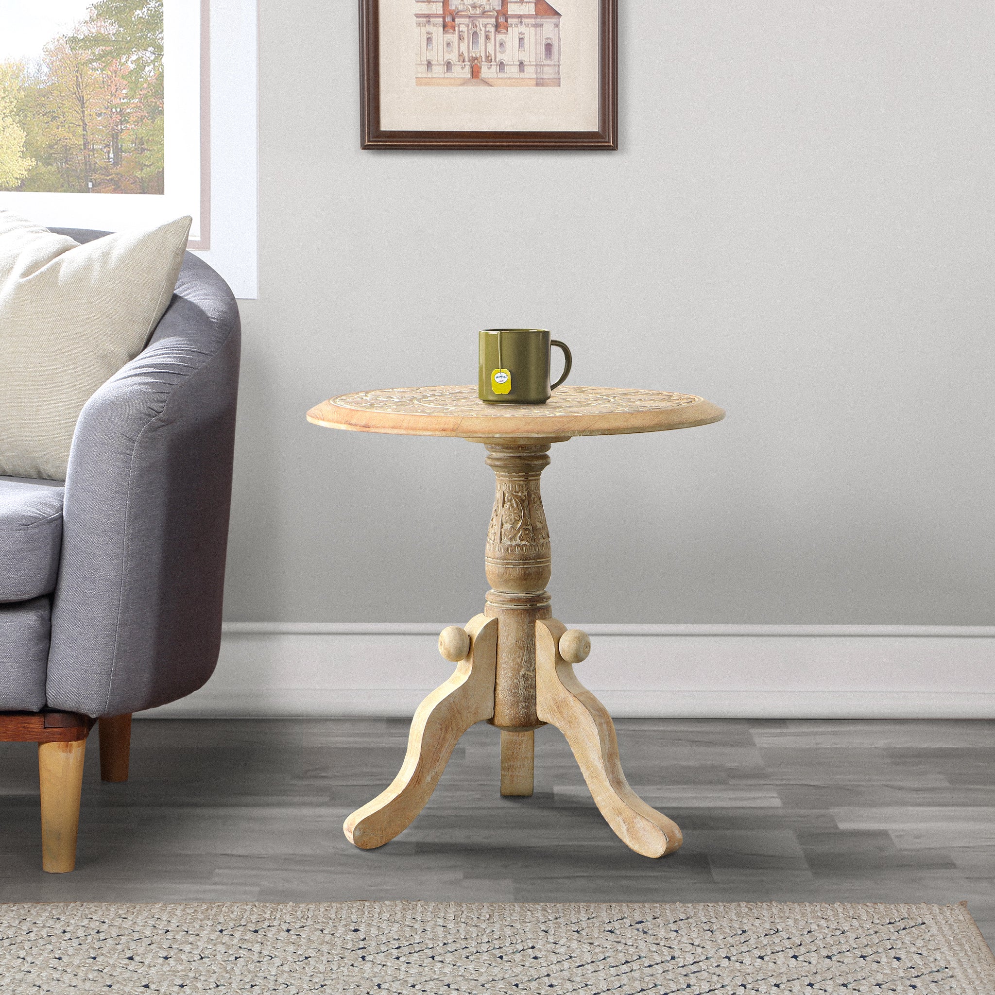 French Style Intricately Carved Round Top Mango Wood Side End Table with Pedestal Base - Natural and White