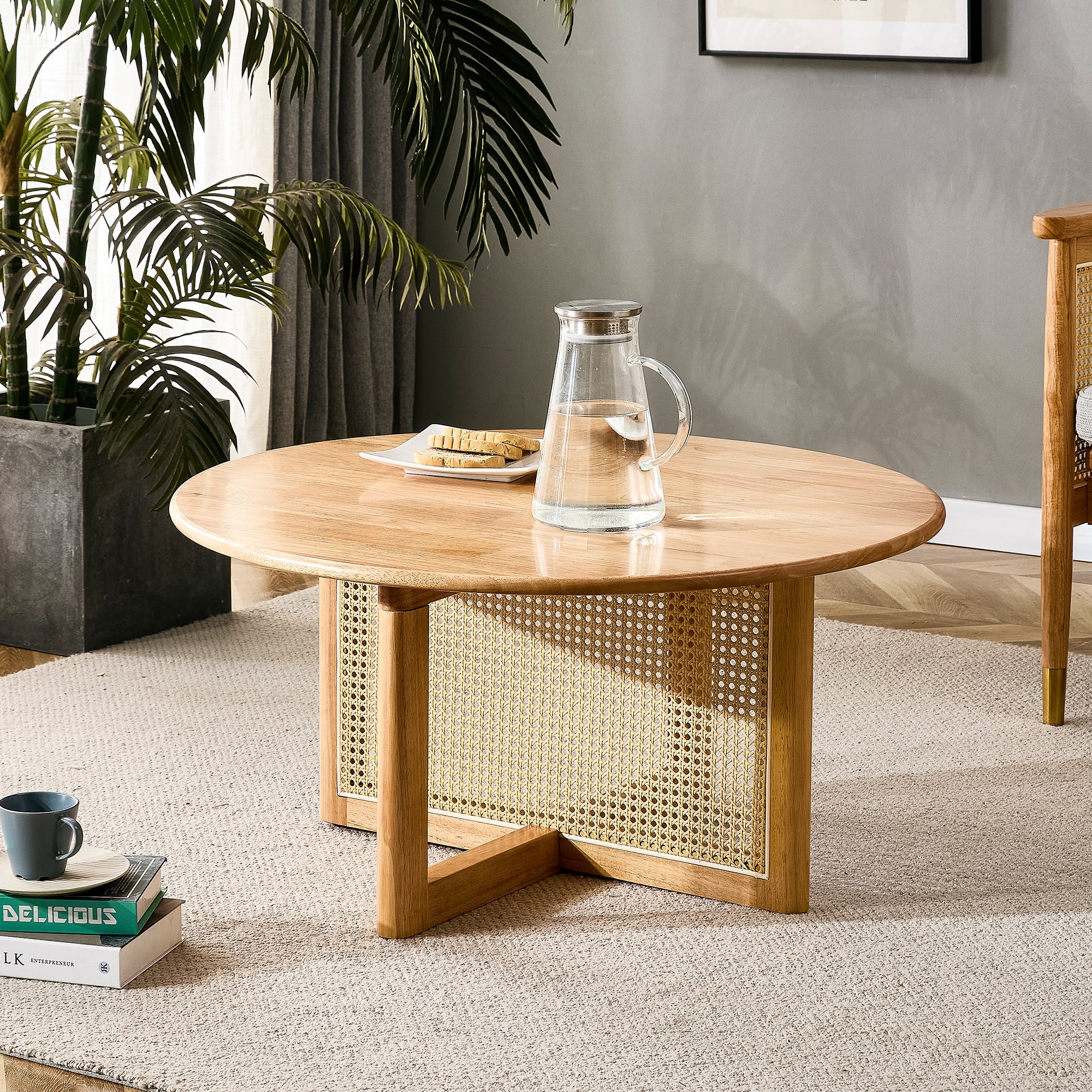 Naturally Elegant Wooden Coffee Table with Faux Rattan Accents