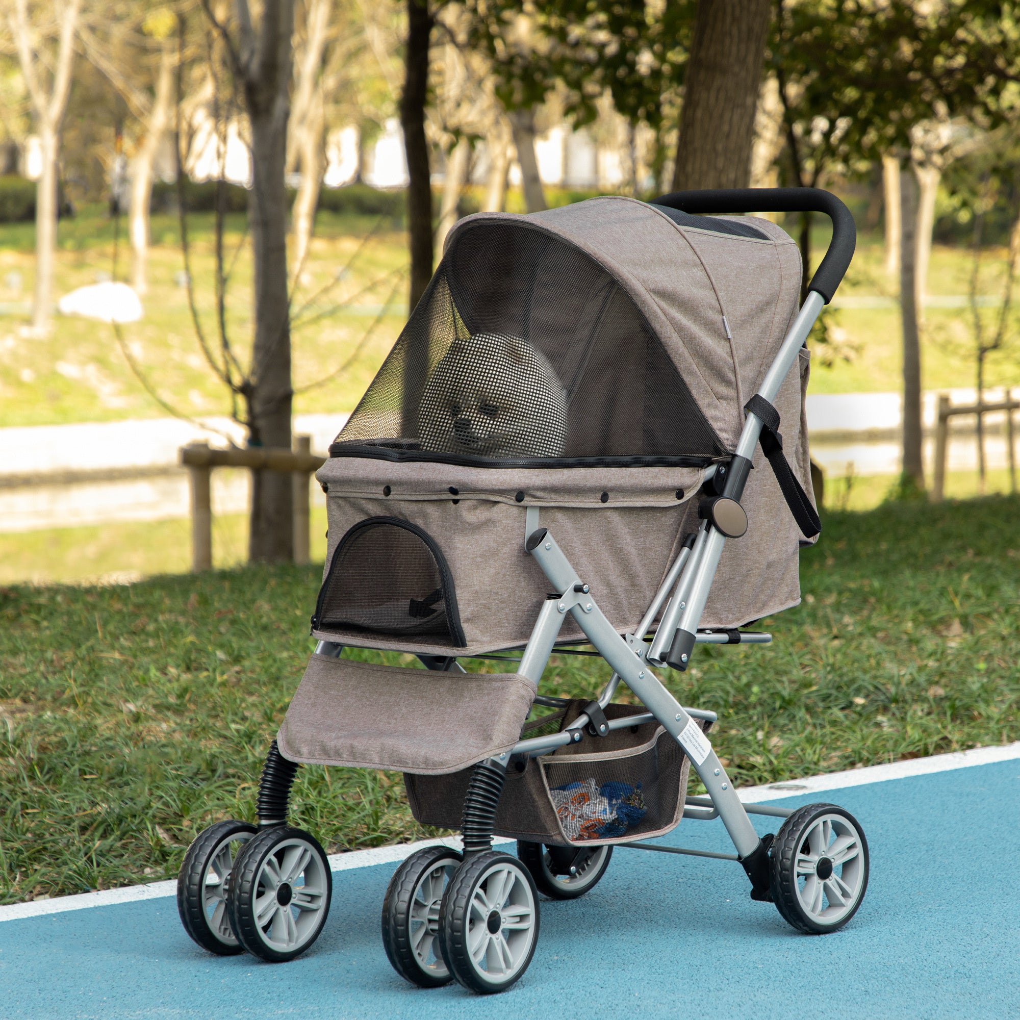 Dog/Pet Stroller for Small Dogs/Cats, 4 Wheels One-Click Fold with Swivel Wheels, Brake, Basket Storage, Safety Belts, Adjustable Canopy, Zippered Mesh Window Door, Brown