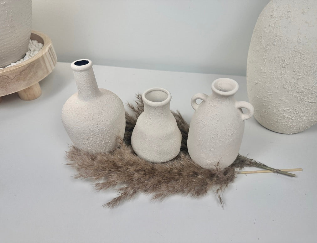 Set of 3 minimalist vases - hand painted and textured - off white