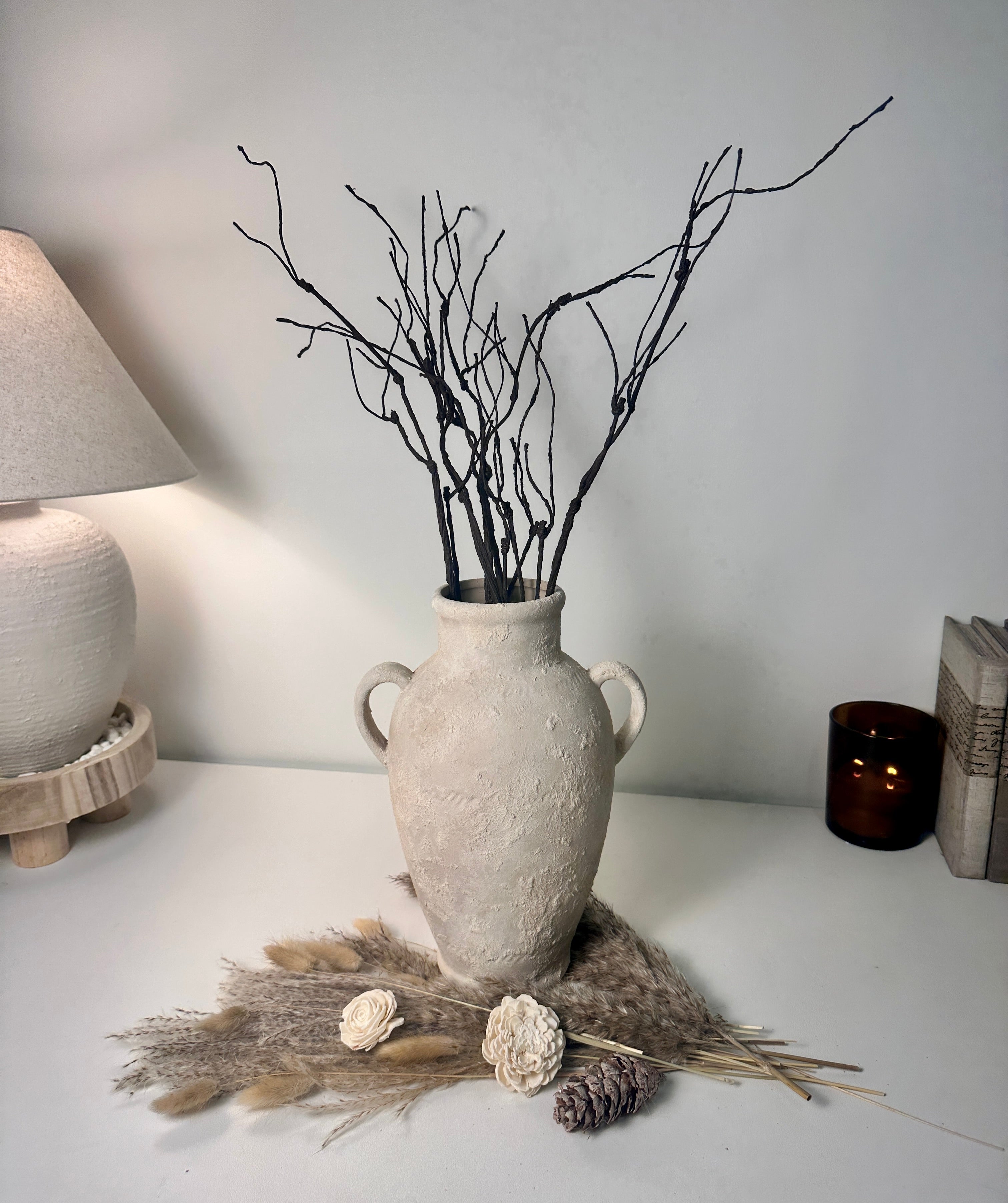 Minimalist Textured Hand-painted Ceramic Vase 12" tall - cream sand/off-white
