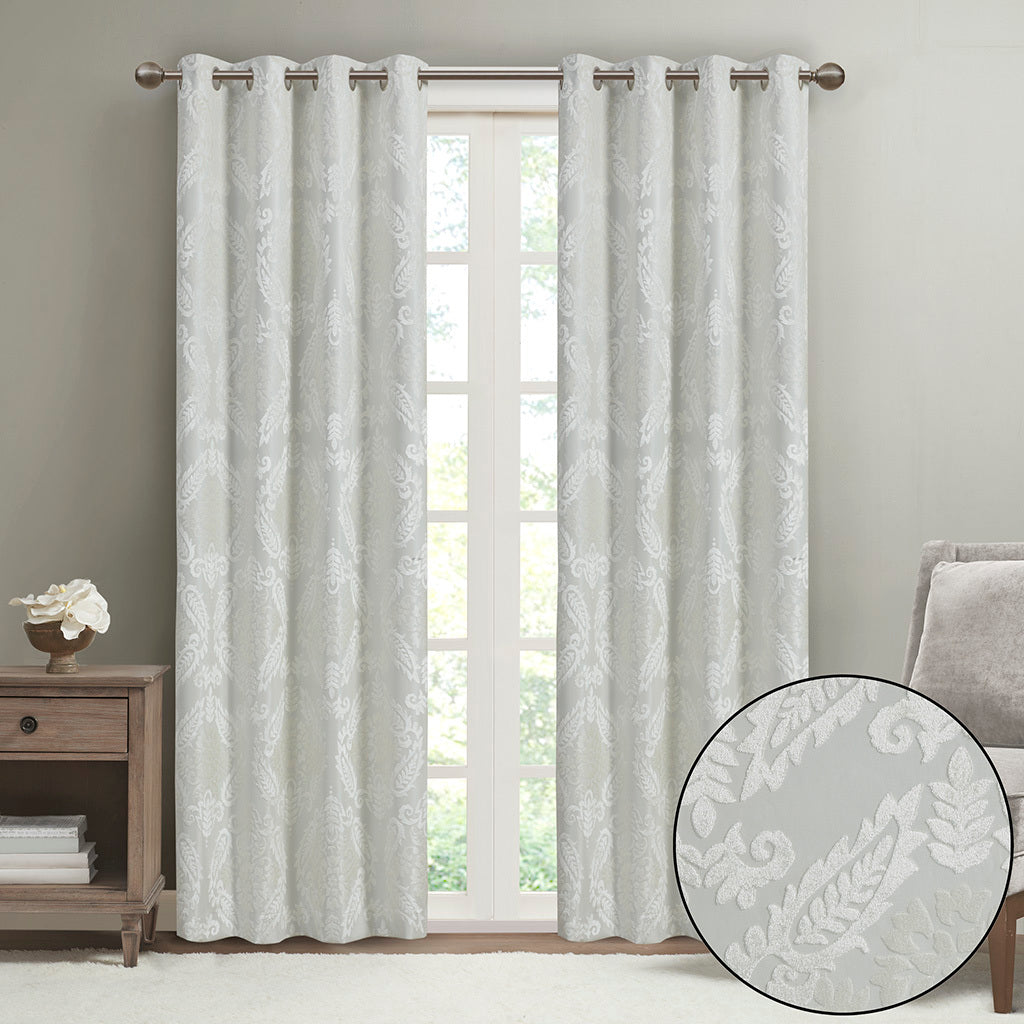 50x95" Knitted Jacquard Paisley Total Blackout Grommet Top Curtain Panel - White