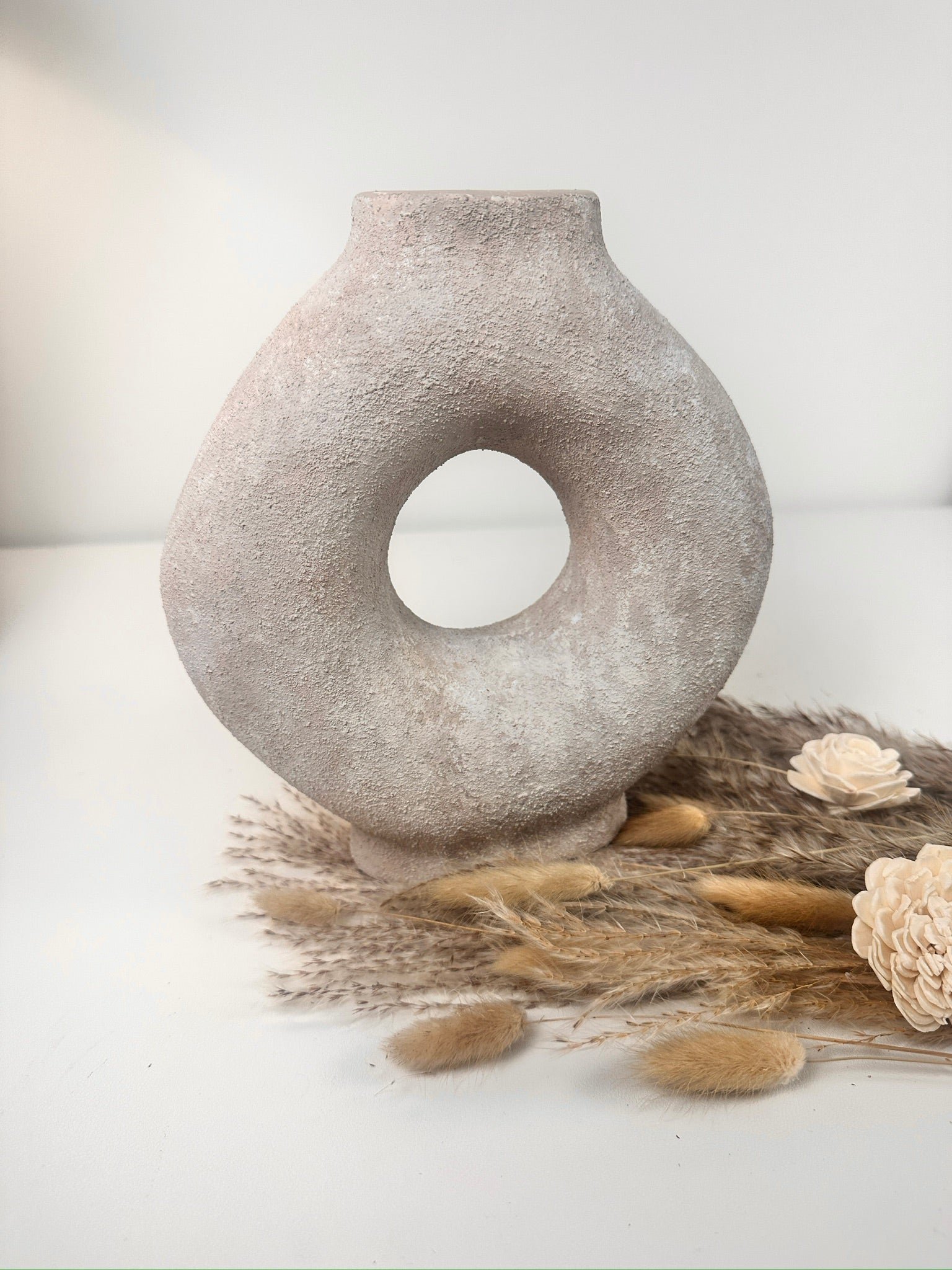 Ceramic Hand-Painted 9.5" tall Vase Donut Shape - Beige wash