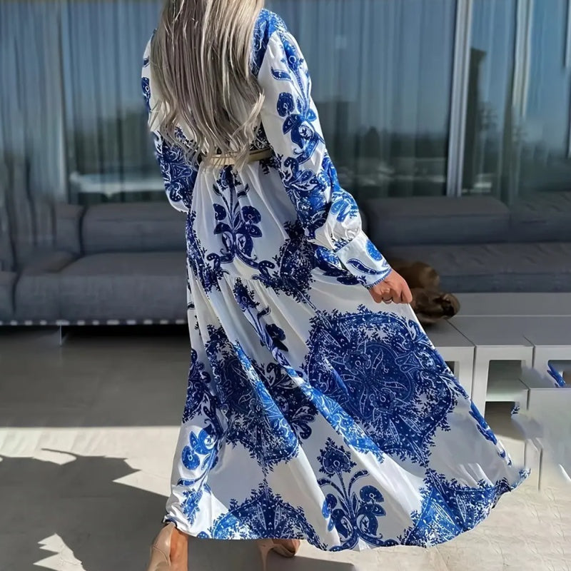 Women's Bohemian Flowy Maxi Dress - Charming V-Neck With Bell Sleeves, Bold Printed Pattern, Side Slit Design