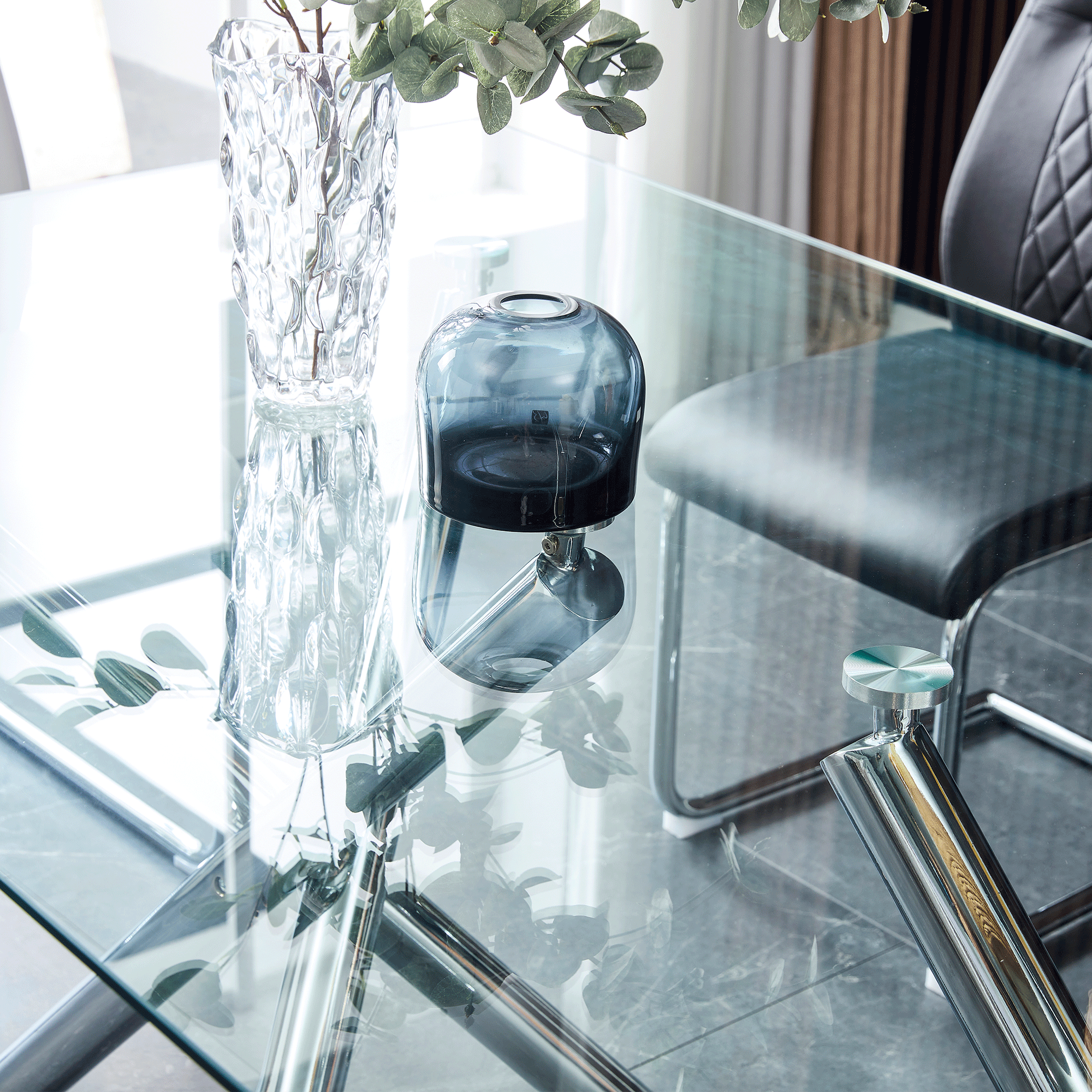 Modern Minimalist Rectangular Glass Dining Table for 6-8 with 0.39" Tempered Glass Tabletop and Silver Chrome Metal Legs