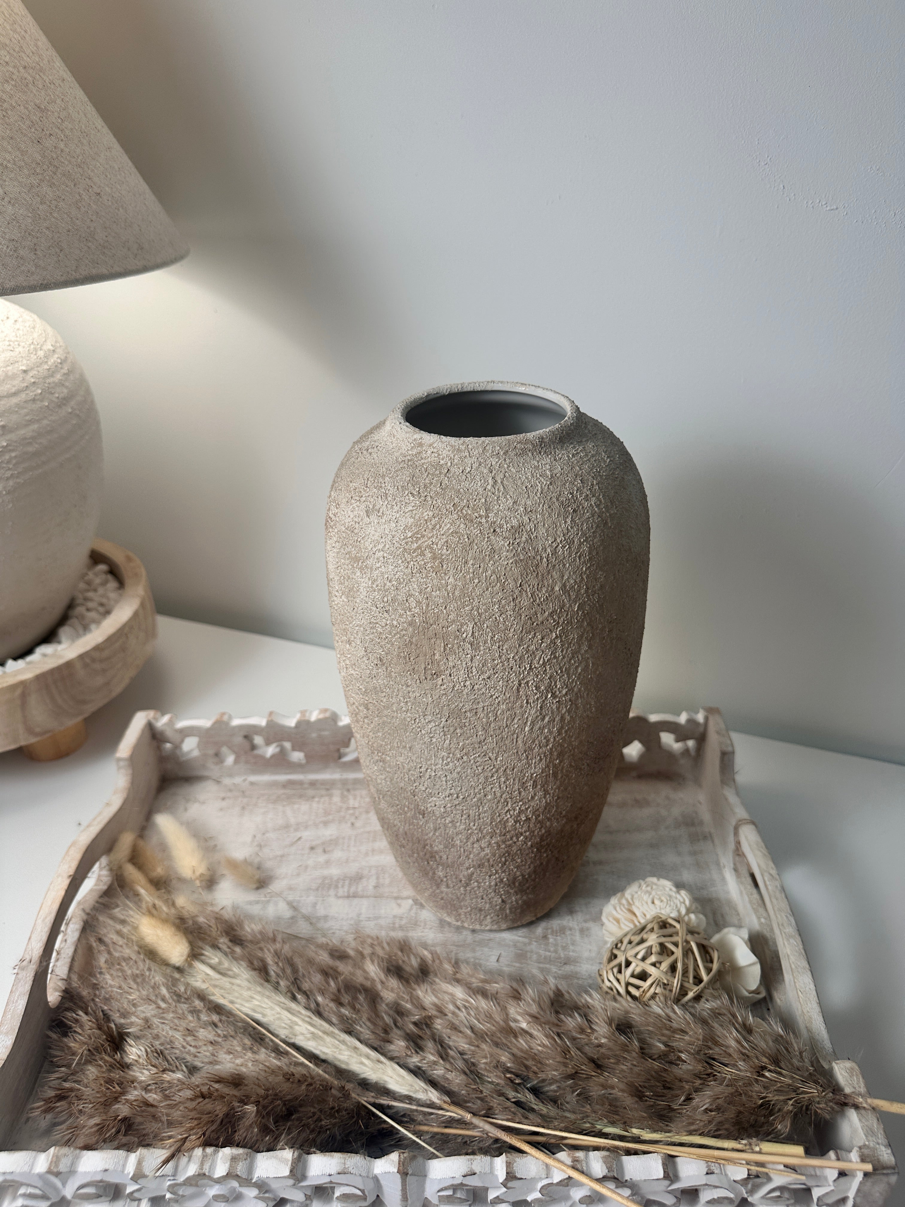 Minimalist Modern Ceramic Vase 12" tall - Hand-Painted light brown beige washed