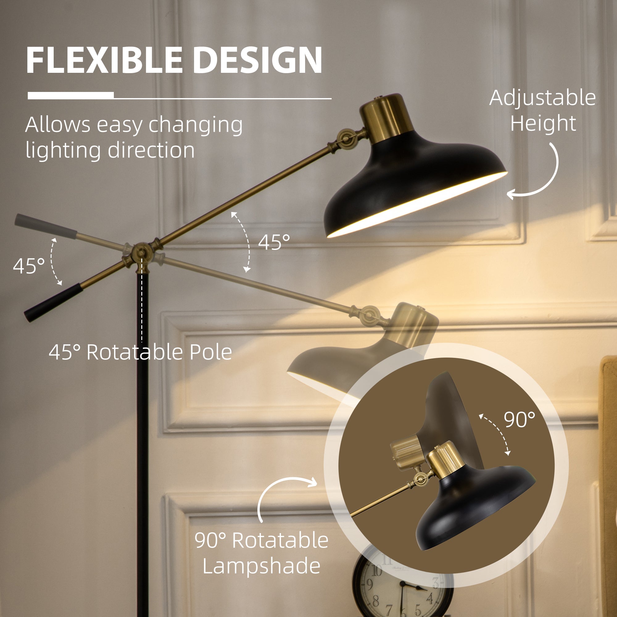 Adjustable Floor Lamps for Living Room, Standing Lamp for Bedroom with Balance Arm, Adjustable Head and Height, Tall Black and Gold Lamp (Bulb not Included)
