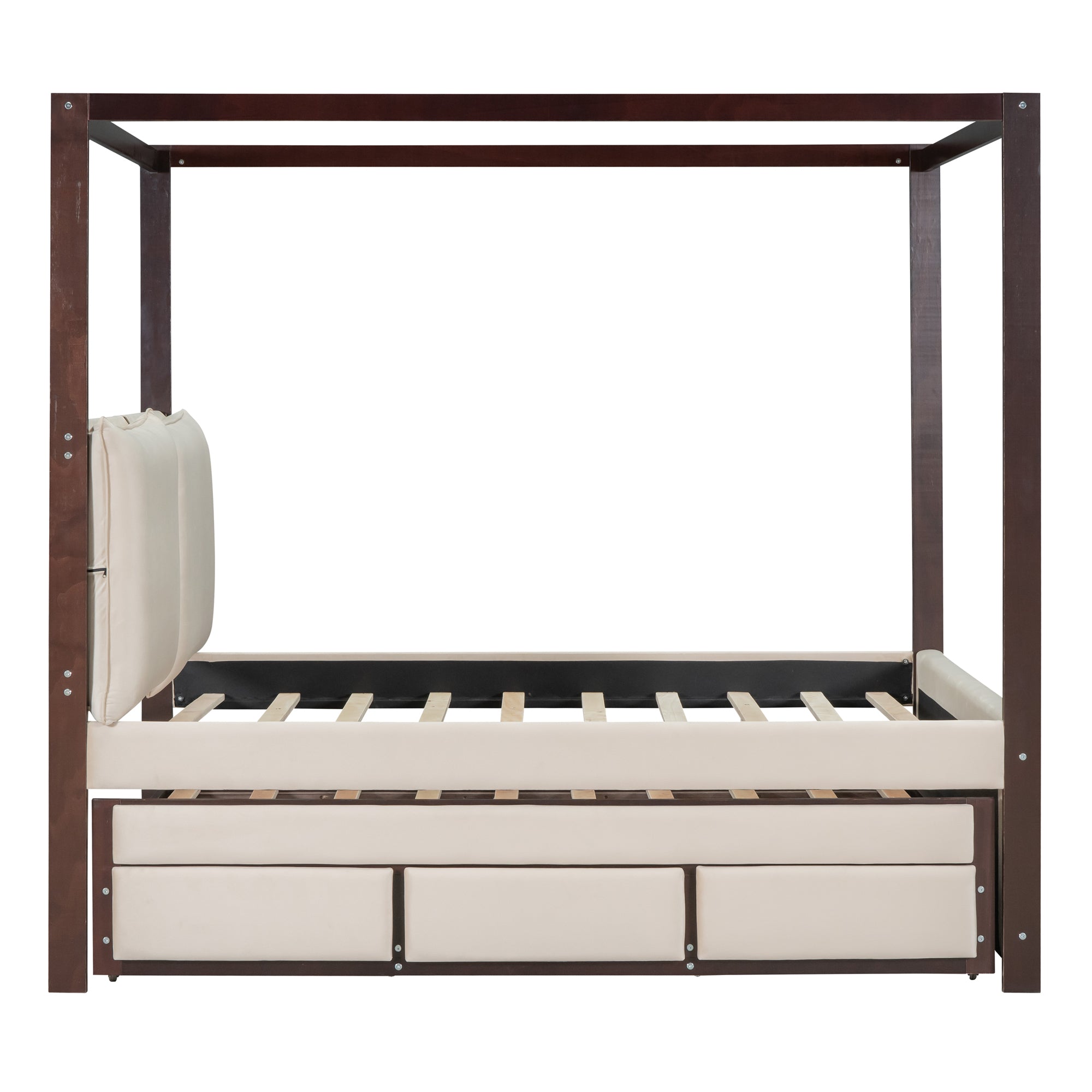 Full Size Upholstered  Canopy Bed with Trundle and 3 Drawers - Beige