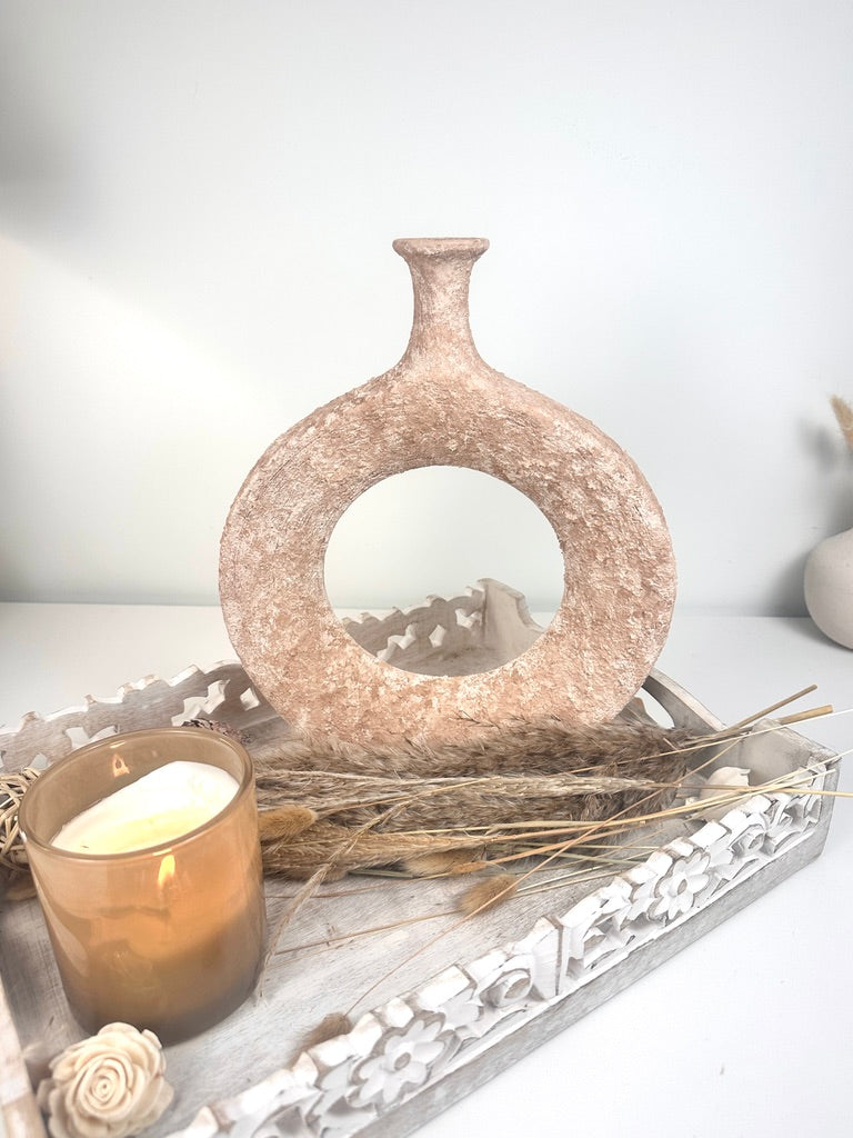 Terracotta Hand-Painted Textured Donut Metal Vase 12" tall
