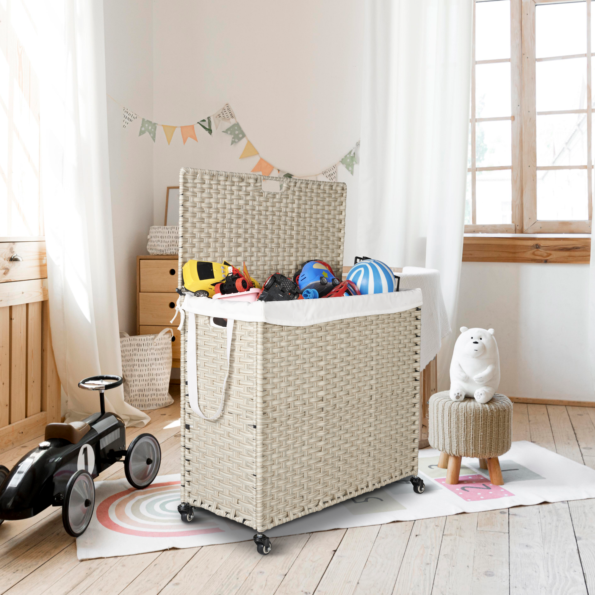 Laundry Hamper With Lid PE Rattan Powder Coating Frame Clothes Hampers with 2 Removable Bags, Wheels, 160L, Light Grey