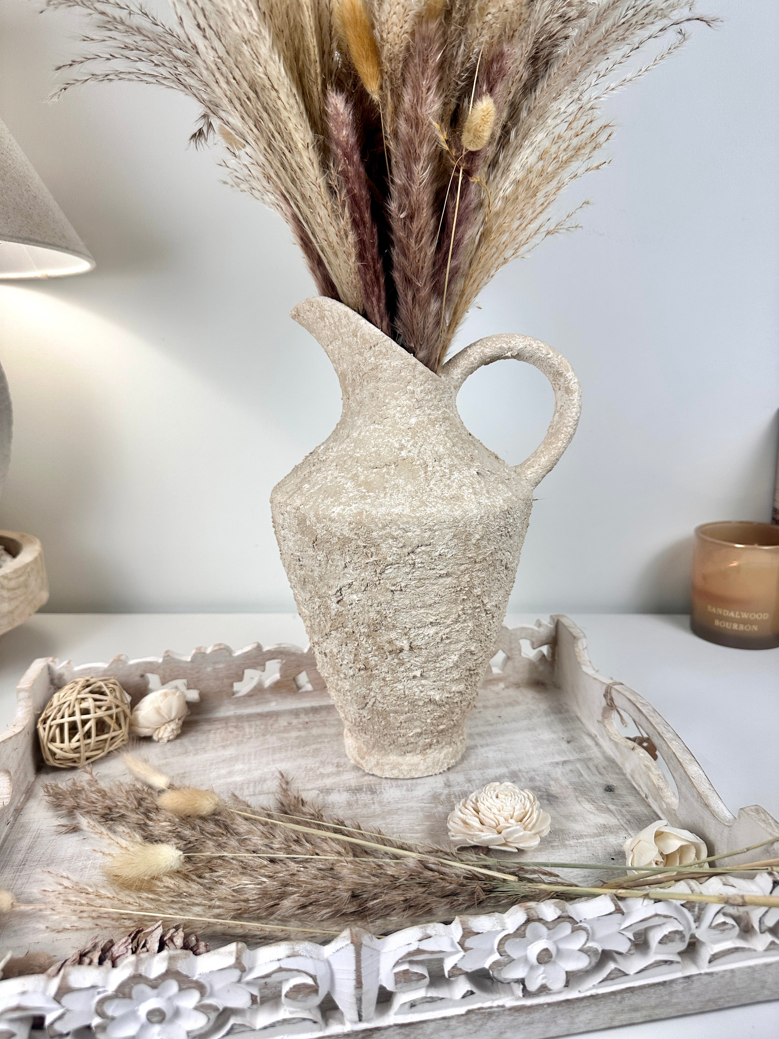 Decorative Textured Hand-painted Pitcher Vase Cream Sand washed 12"