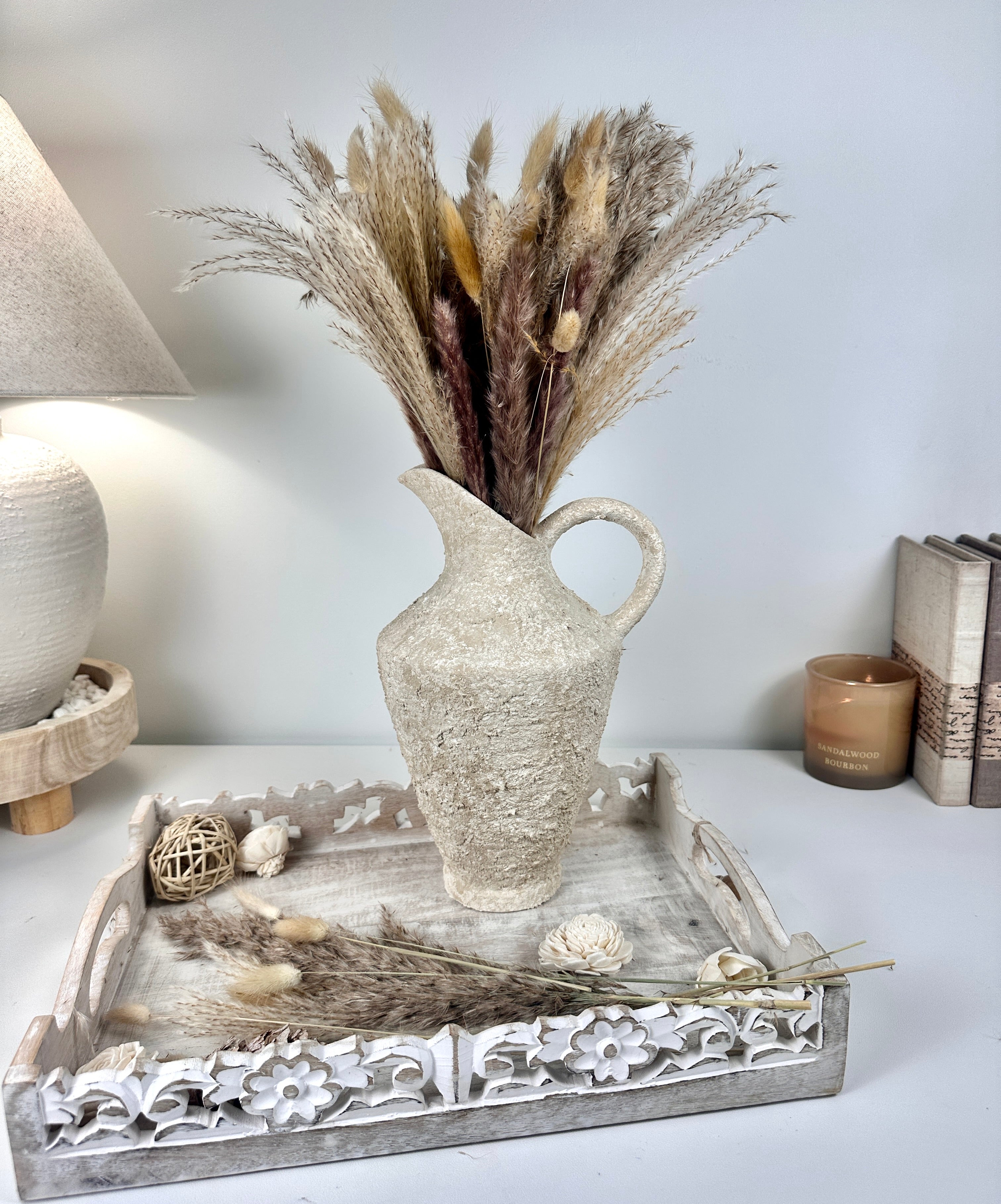 Decorative Textured Hand-painted Pitcher Vase Cream Sand washed 12"
