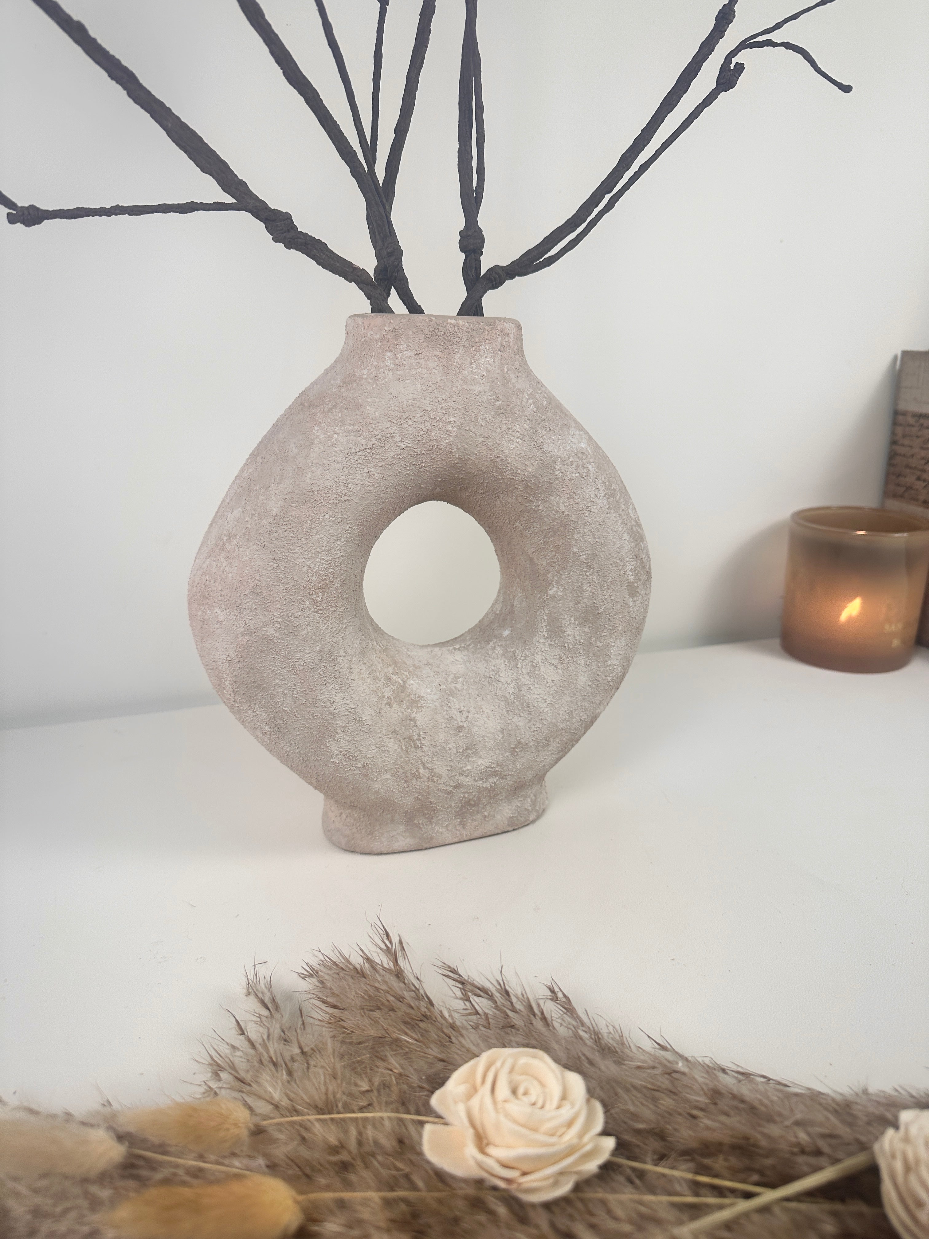 Ceramic Hand-Painted 9.5" tall Vase Donut Shape - Beige wash