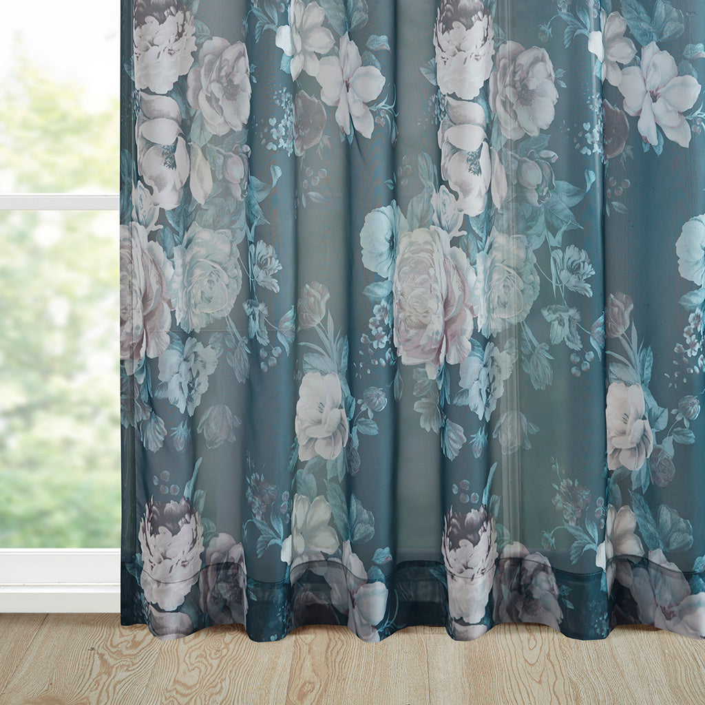 Printed Floral Rod Pocket and Back Tab Voile Sheer Curtain - Navy