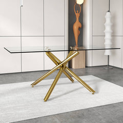 Modern Minimalist Rectangular Glass Dining Table for 6-8 with 0.39" Tempered Glass Tabletop and Silver Chrome Metal Legs - Golden