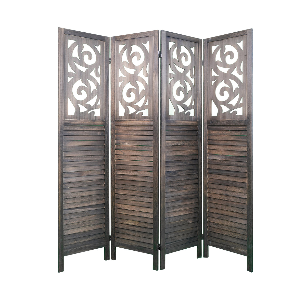 4 Panel Room Dividers, 6FT Carved Wood - Rustic Brown